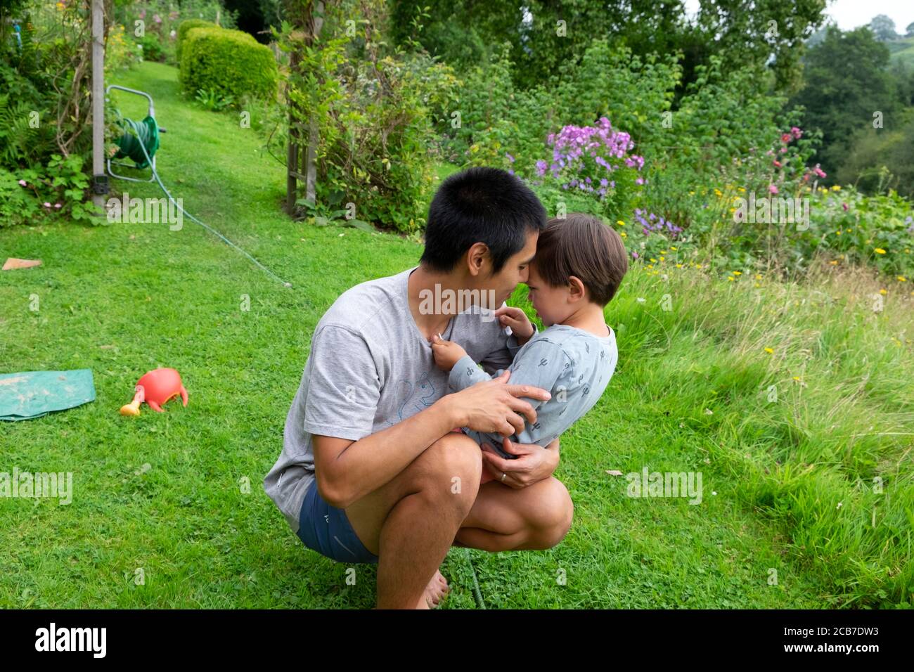 Asian father comforting his sad child while playing in the garden in summer in Wales UK   KATHY DEWITT Stock Photo