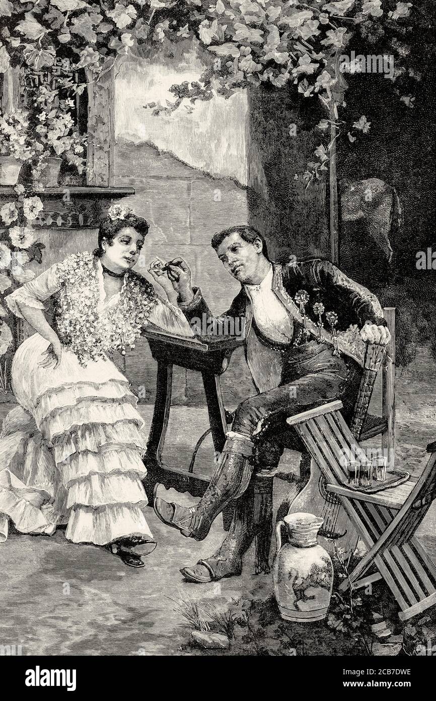 Typical traditional Andalusian characters of the nineteenth century painting by José María Alarcón y Cárceles (Murcia 1848 - Madrid 1904) Spanish painter of the 19th century. Old XIX century engraved illustration from La Ilustracion Española y Americana 1894 Stock Photo