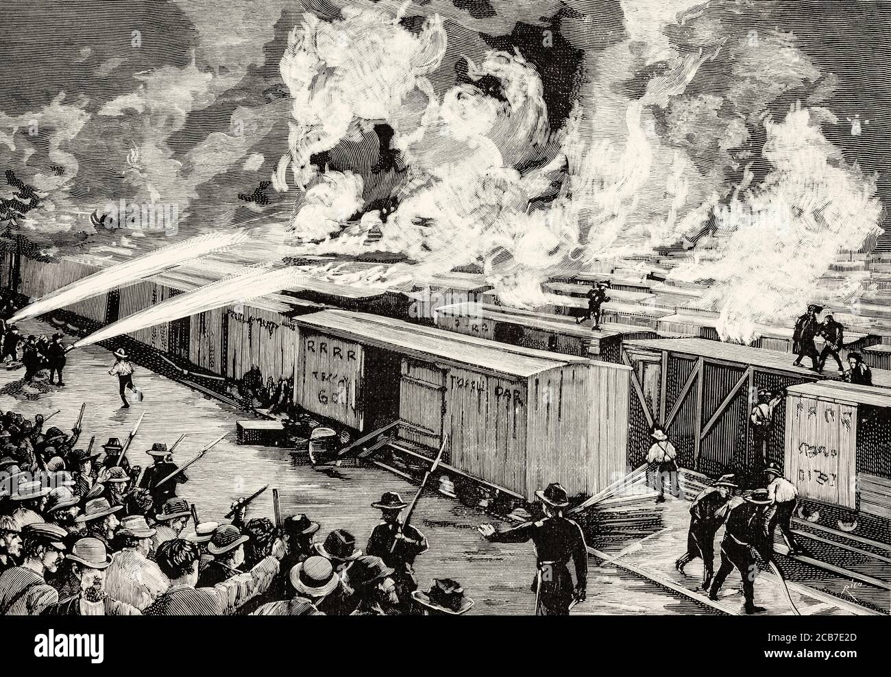 Rioters burning 600 freight cars during the Pullman Strike near Chicago 1894. United States of America. Old XIX century engraved illustration from La Ilustracion Española y Americana 1894 Stock Photo