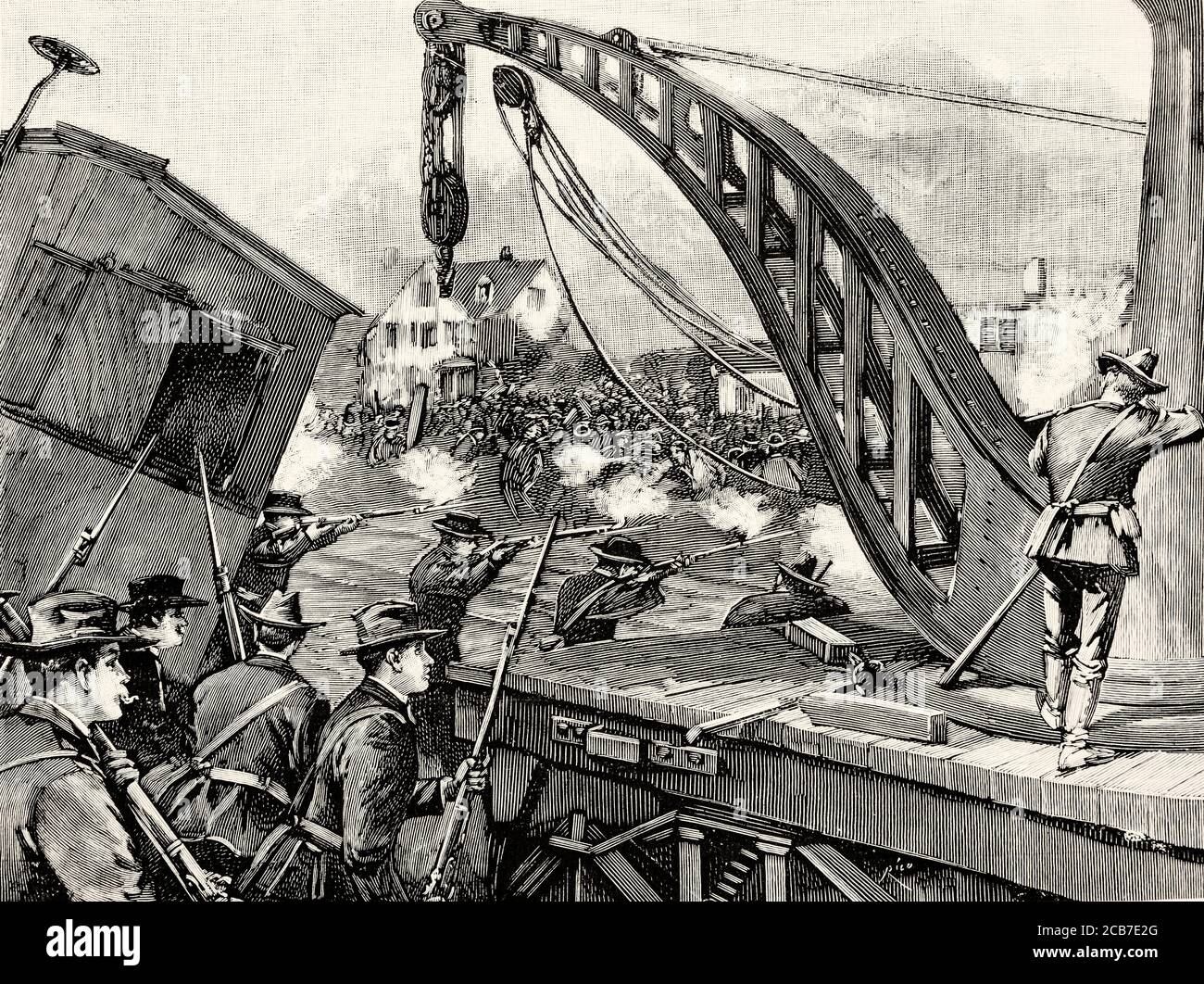 Federal troops open fire on rioters in Chicago during the Great Railroad Strike of 1894. United States of America. Old XIX century engraved illustration from La Ilustracion Española y Americana 1894 Stock Photo