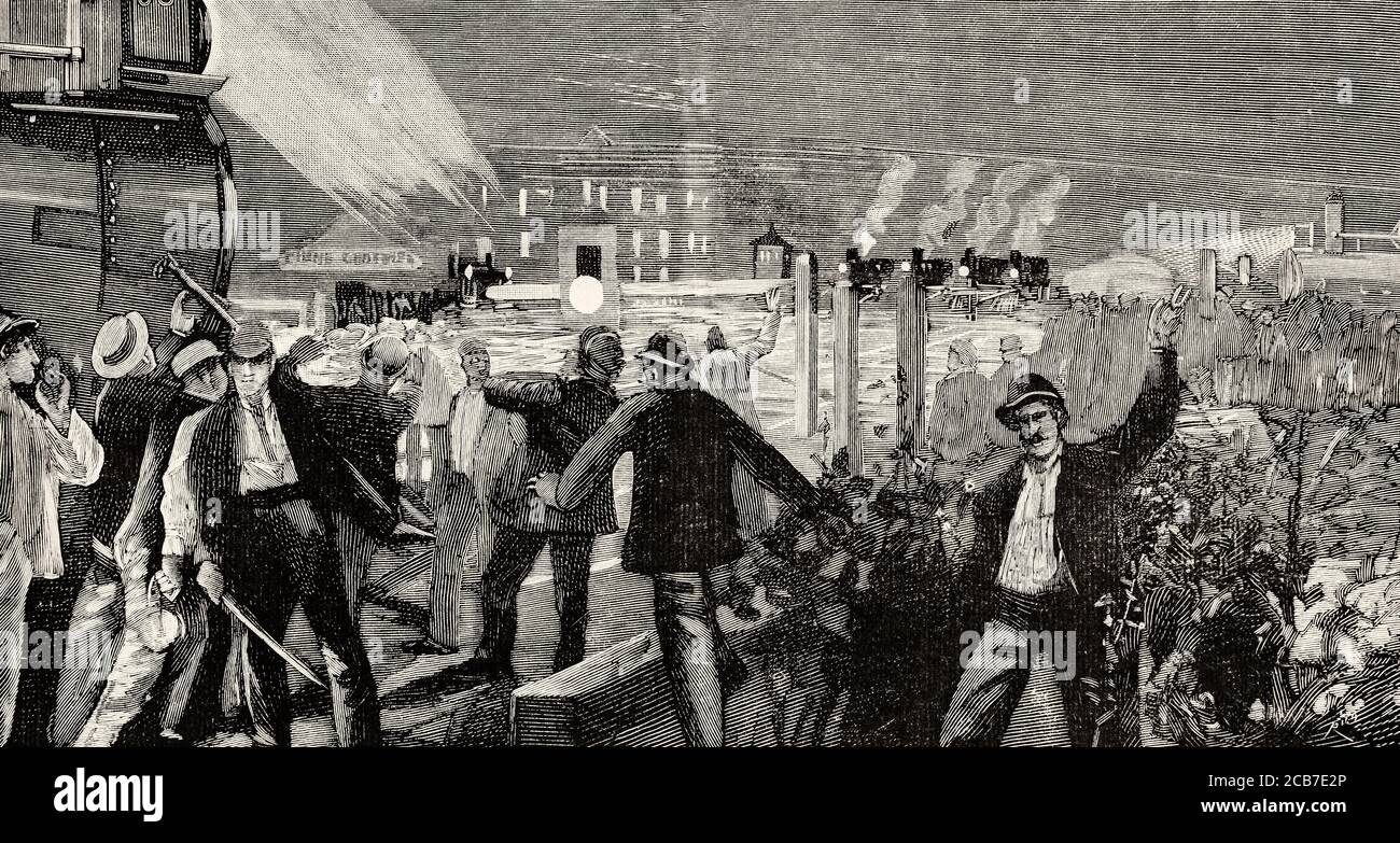 Pullman Strike Chicago 1894. United States of America. Old XIX century engraved illustration from La Ilustracion Española y Americana 1894 Stock Photo