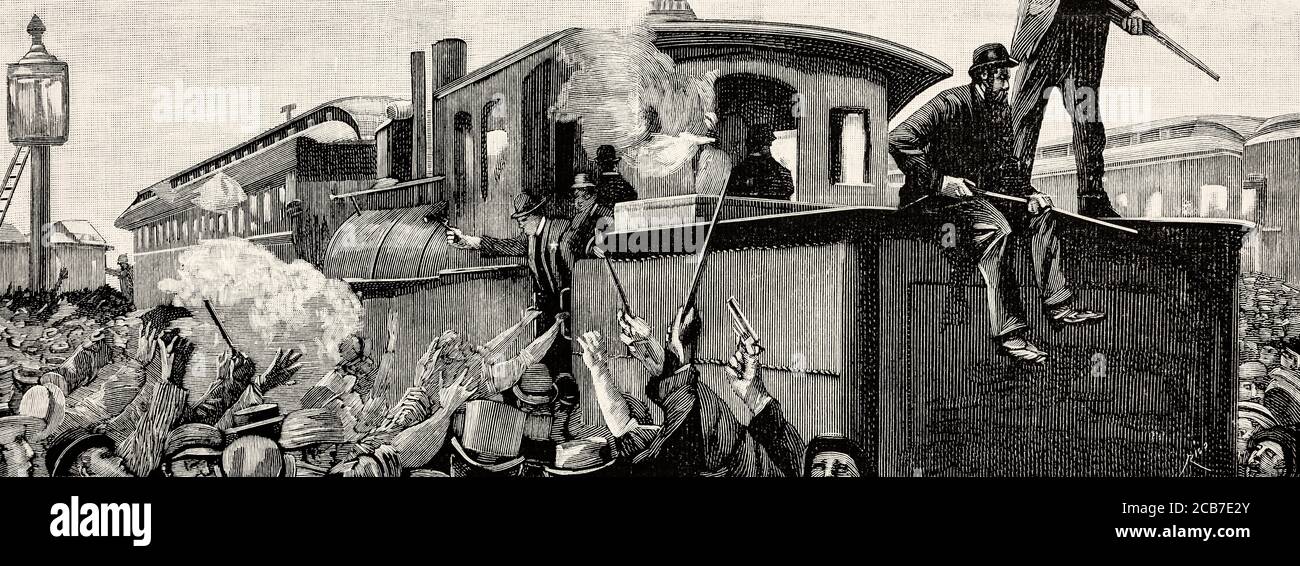 Pullman Strike Chicago 1894. United States of America. Old XIX century engraved illustration from La Ilustracion Española y Americana 1894 Stock Photo