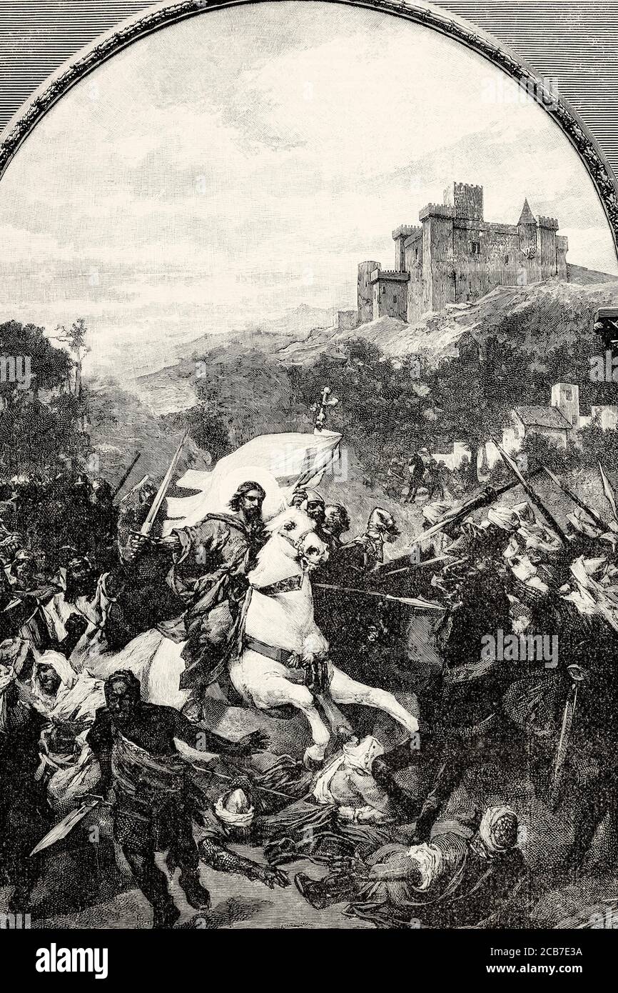 The Apostle James the Greater fighting for Christians in the mythical and legendary battle of Clavijo, painted by José María Casado del Alisal (Villada 1832 - Madrid 1886) Spanish painter of the 19th century, Spain. Old XIX century engraved illustration from La Ilustracion Española y Americana 1894 Stock Photo