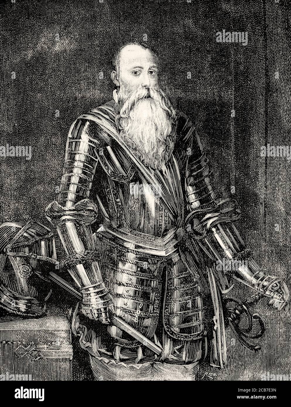 Portrait of Hernando de Alarcón (1466 - 1540) Spanish soldier who fought in the Italian Wars, Spain. Old XIX century engraved illustration from La Ilustracion Española y Americana 1894 Stock Photo