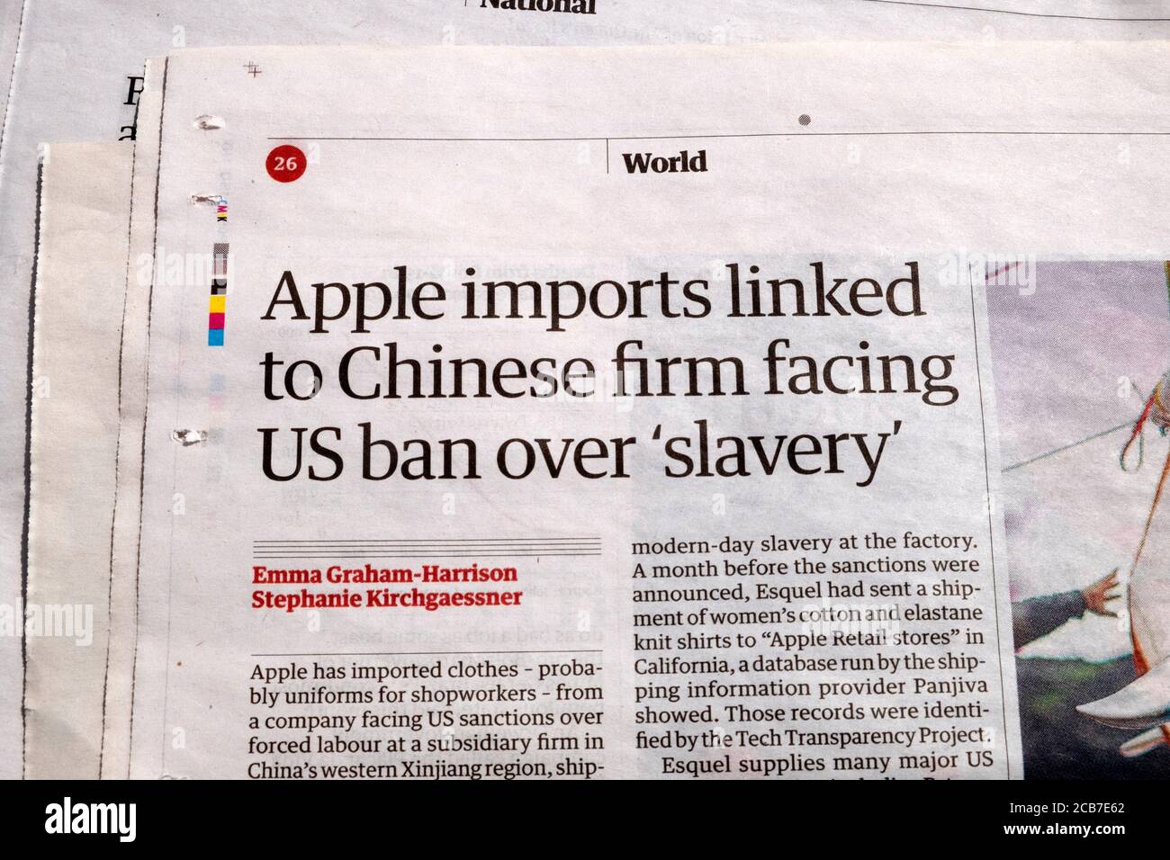 'Apple imports linked to Chinese firm facing US ban over 'slavery' ' World  article newspaper headline inside page Guardian 10 August 2020 London UK Stock Photo