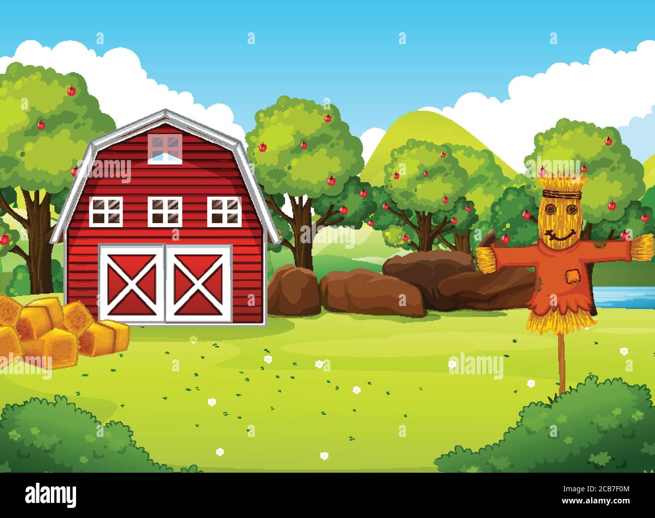 Farm scene in nature with barn and scarecrow illustration Stock Vector ...
