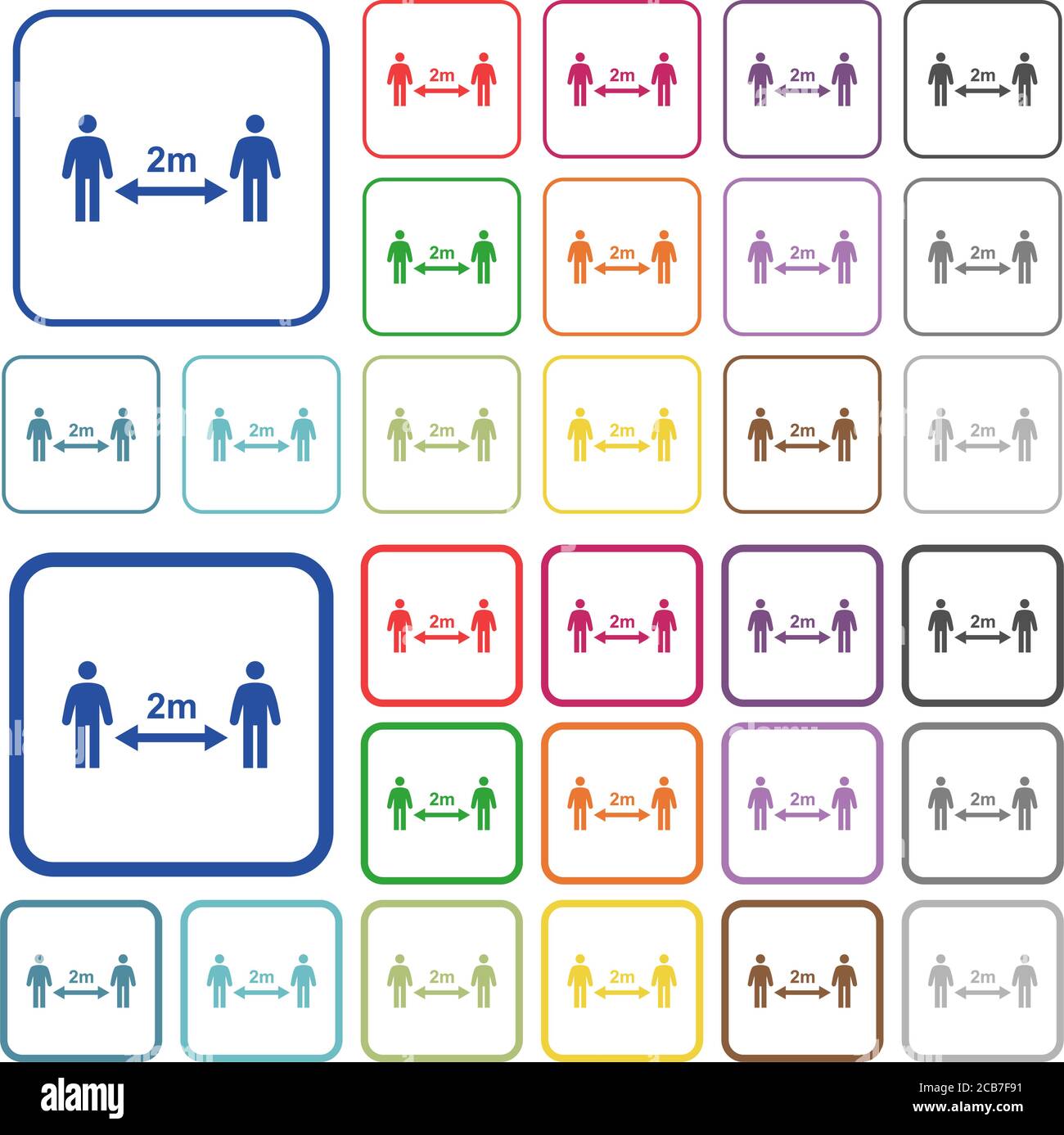 Social distancing 2 meters color flat icons in rounded square frames ...