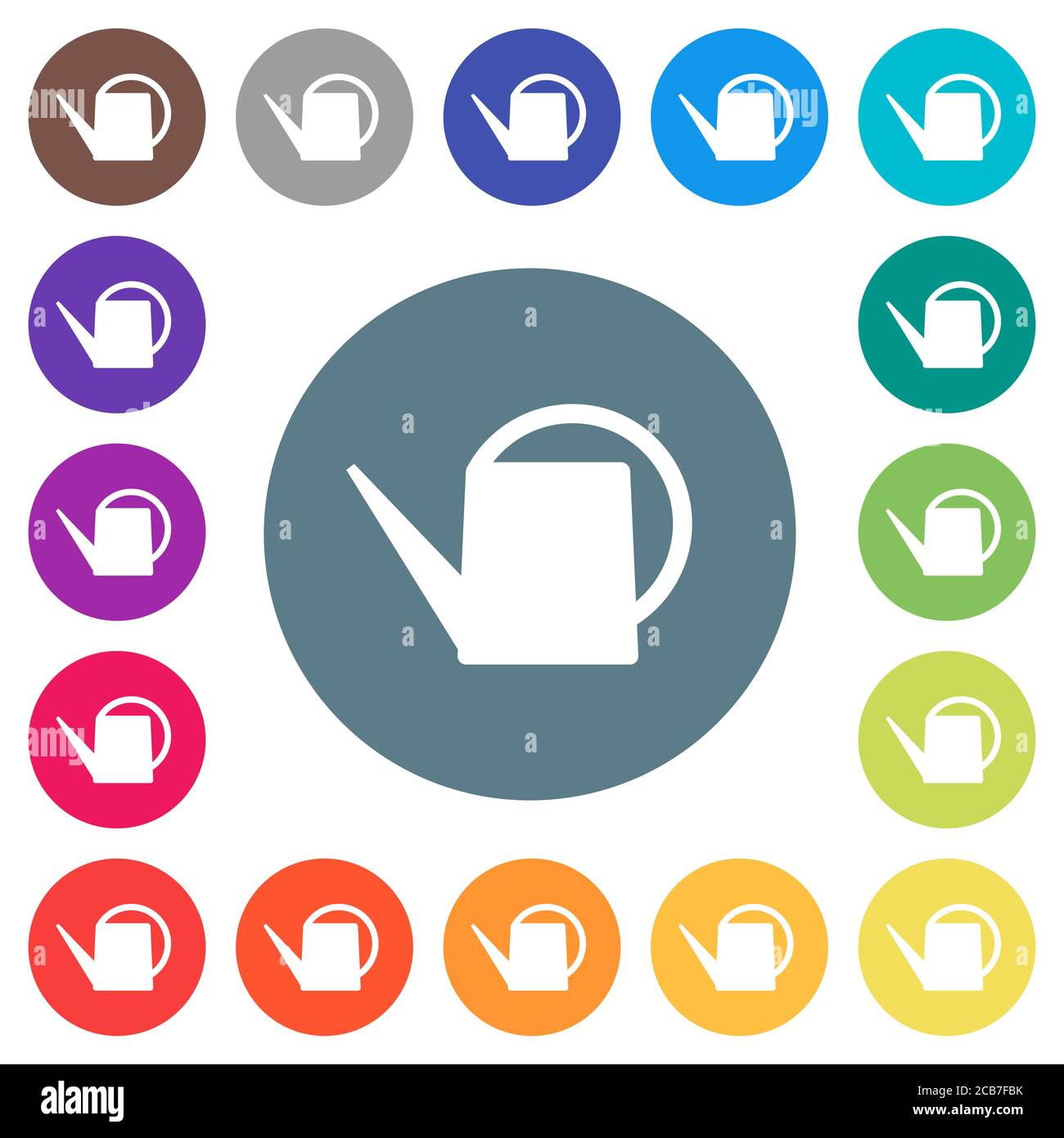 Watering can flat white icons on round color backgrounds. 17 background color variations are included. Stock Vector