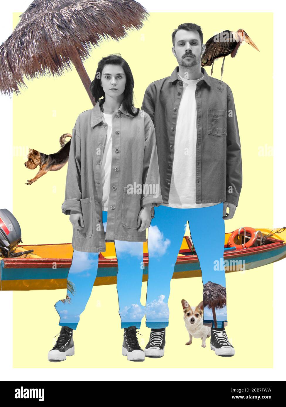 Stylish couple with ocean trip styled clothes on yellow background. Copyspace to insert your text. Modern design. Contemporary colorful and conceptual bright art collage for advertising. Zine, retrowave style. Stock Photo