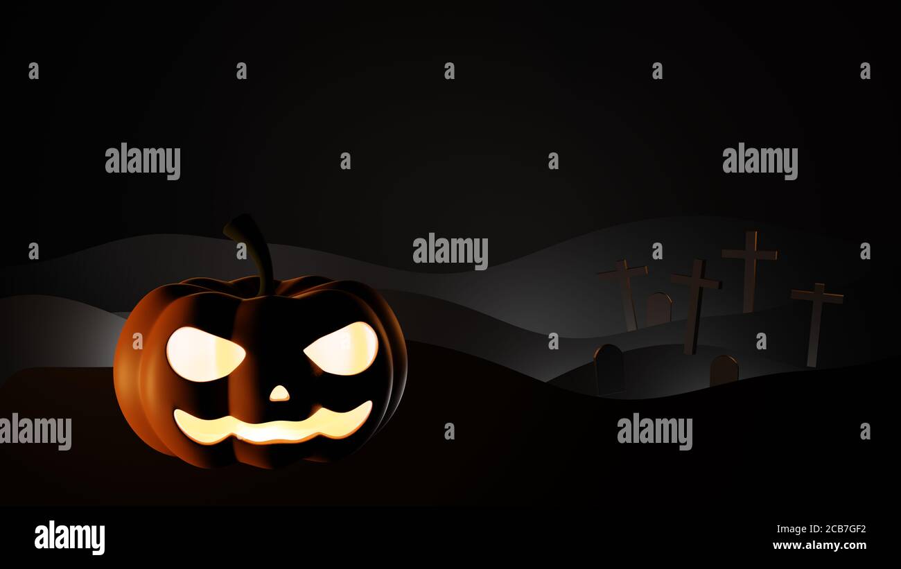 Halloween image with a pumpkin and a cemetery. 3D render Stock Photo