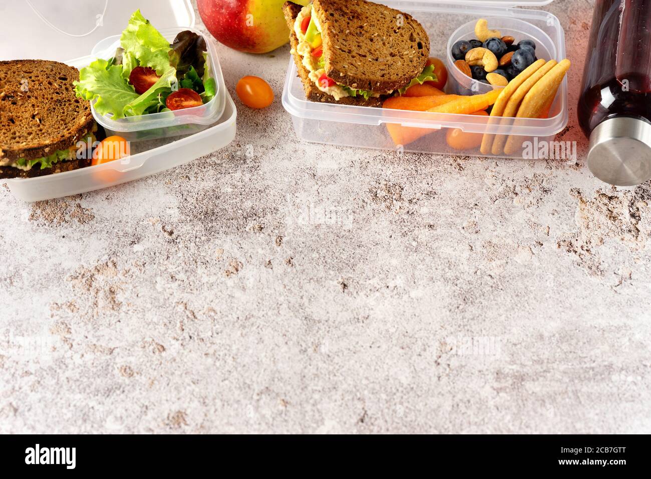 Top view of boxes with vegan healthy school lunches Stock Photo