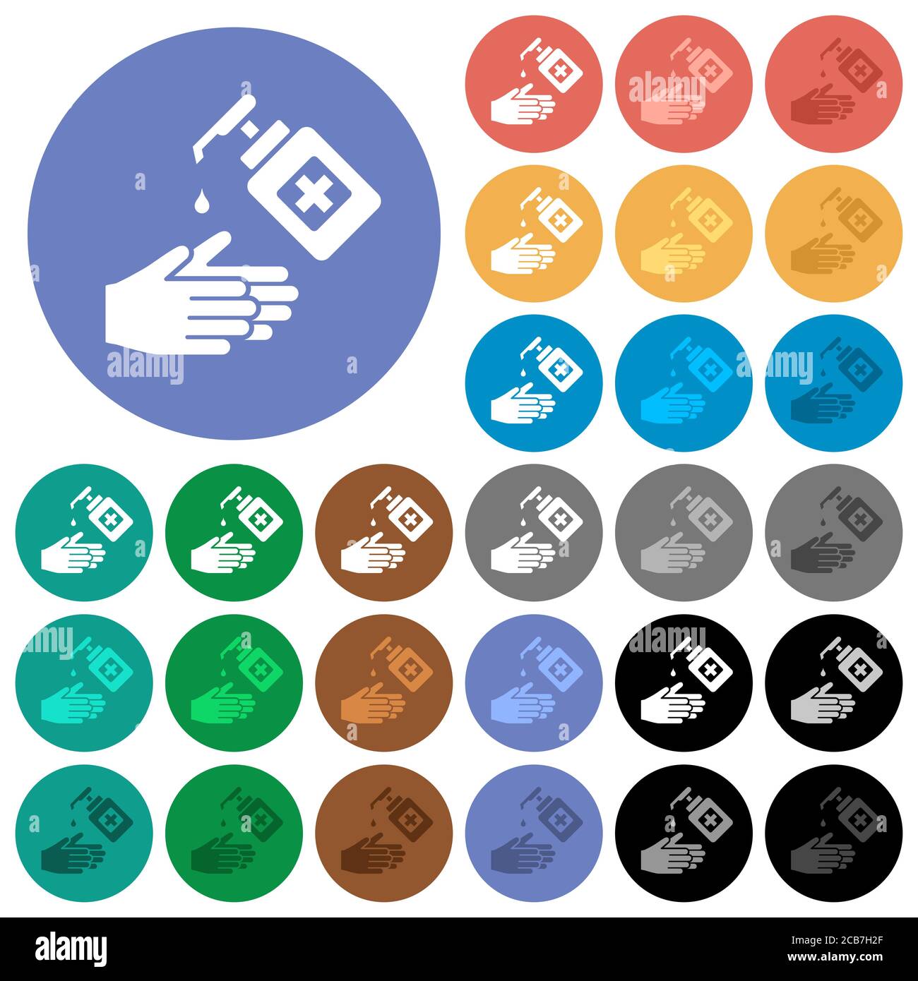 Hand washing with hand sanitizer multi colored flat icons on round ...