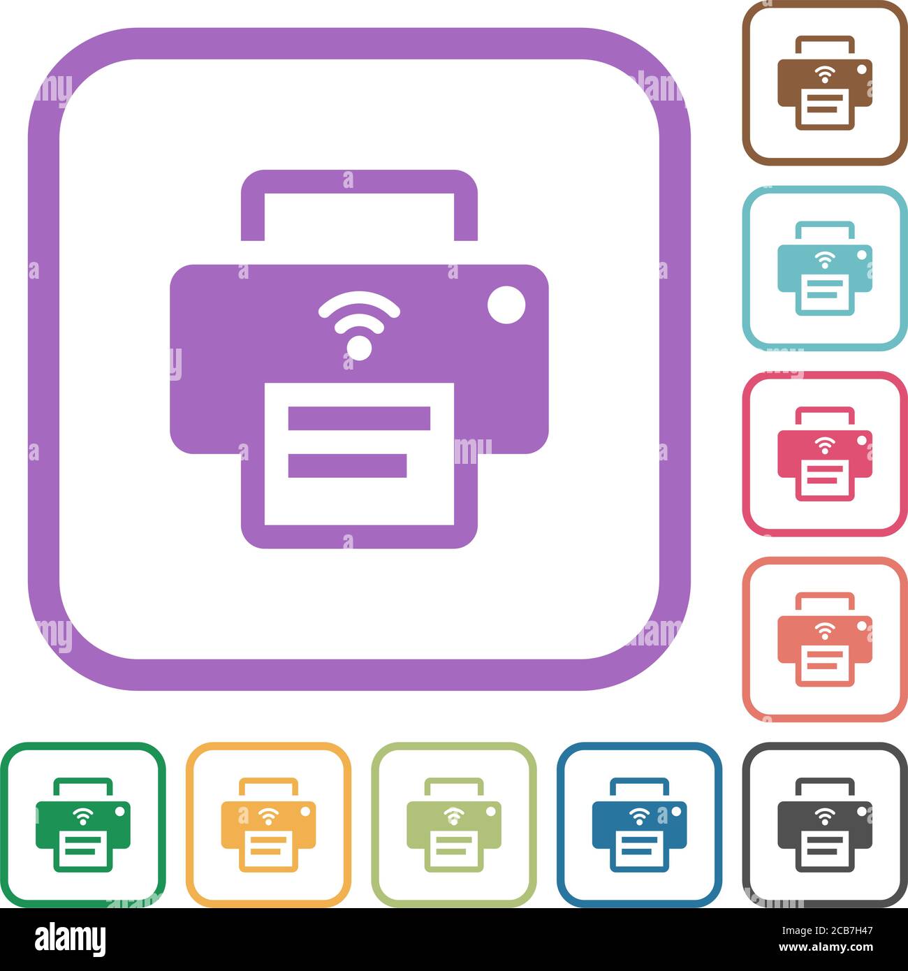 Wireless printer simple icons in color rounded square frames on white ...