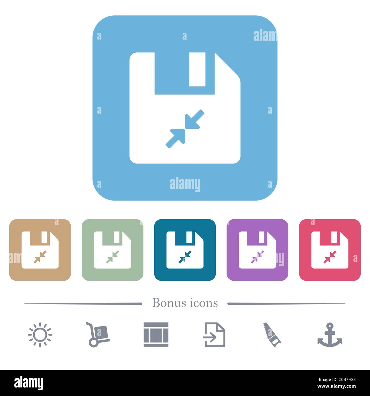 Compress file white flat icons on color rounded square backgrounds. 6 ...