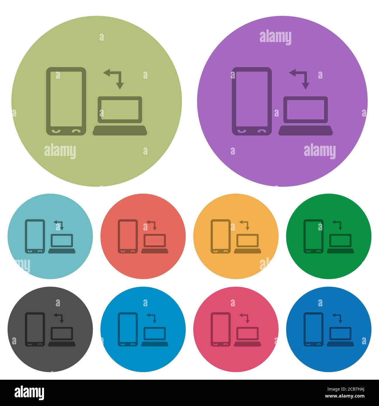 Syncronize mobile with computer darker flat icons on color round background Stock Vector