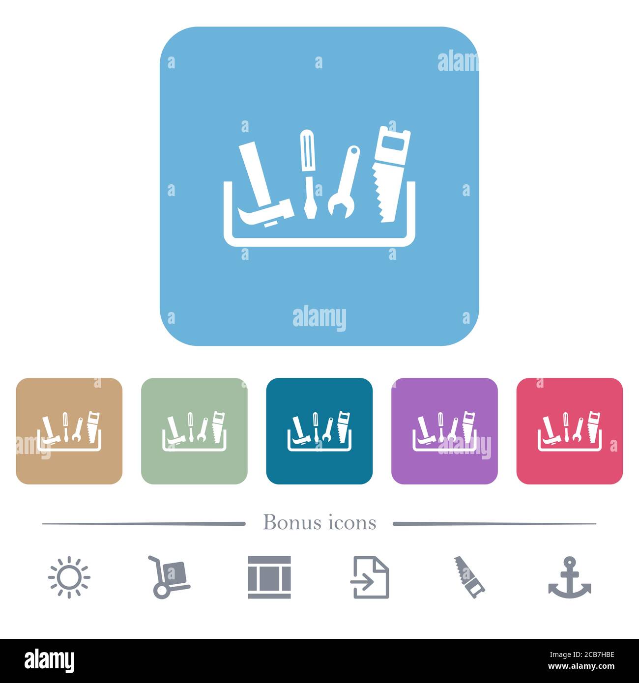 Toolbox white flat icons on color rounded square backgrounds. 6 bonus ...