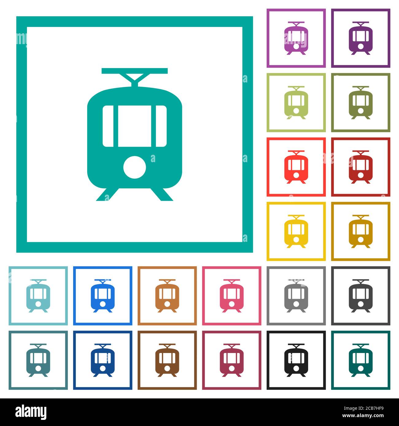 Tram flat color icons with quadrant frames on white background Stock Vector
