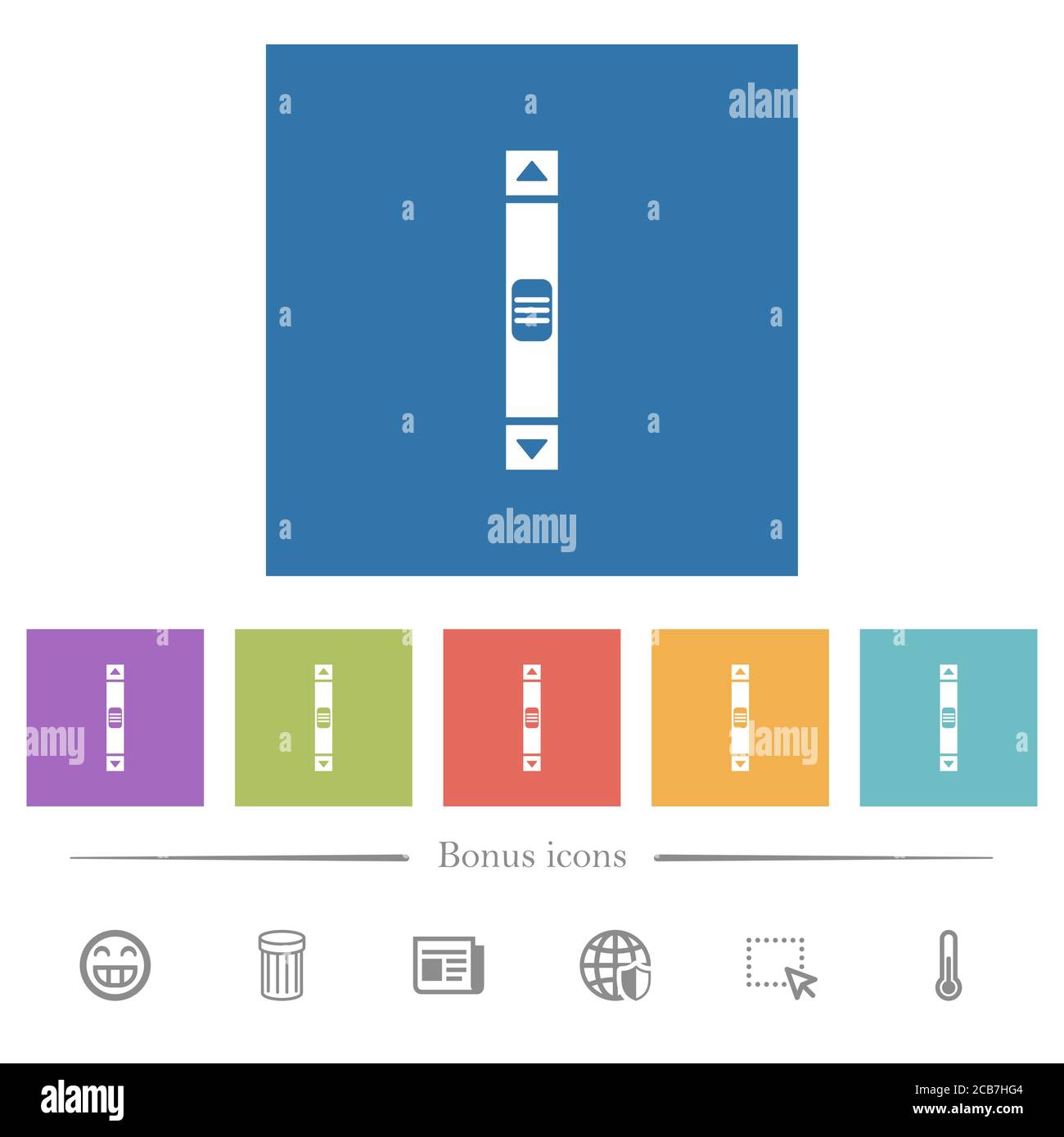 Vertical scroll bar flat white icons in square backgrounds. 6 bonus