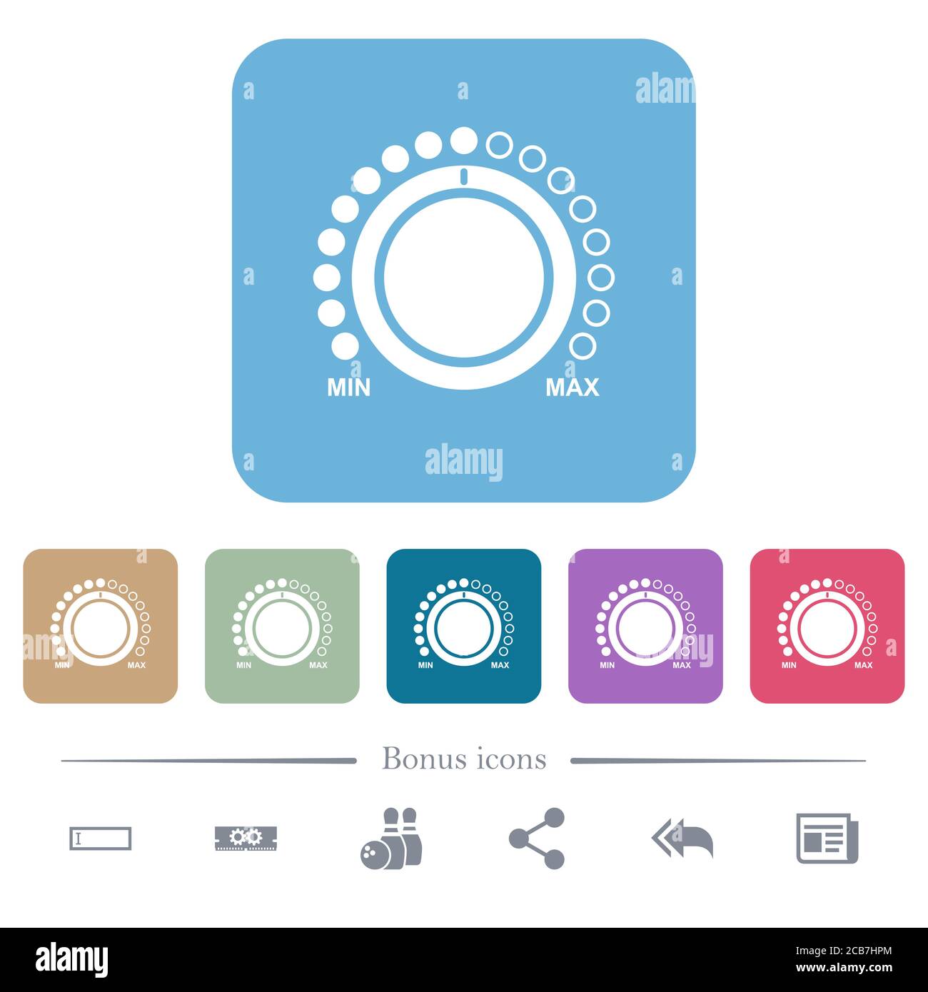 Volume control with captions white flat icons on color rounded square ...