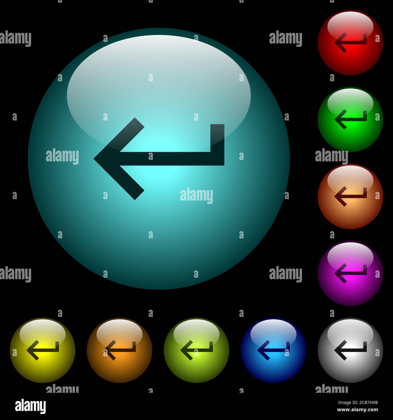 Keyboard return icons in color illuminated spherical glass buttons on