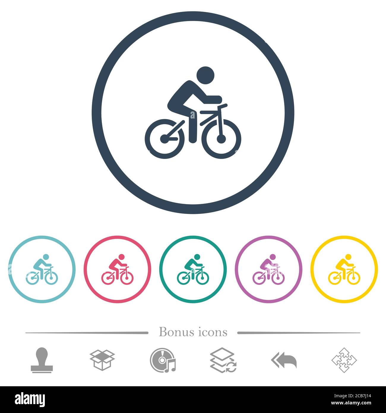 Bicycle with rider flat color icons in round outlines. 6 bonus icons ...
