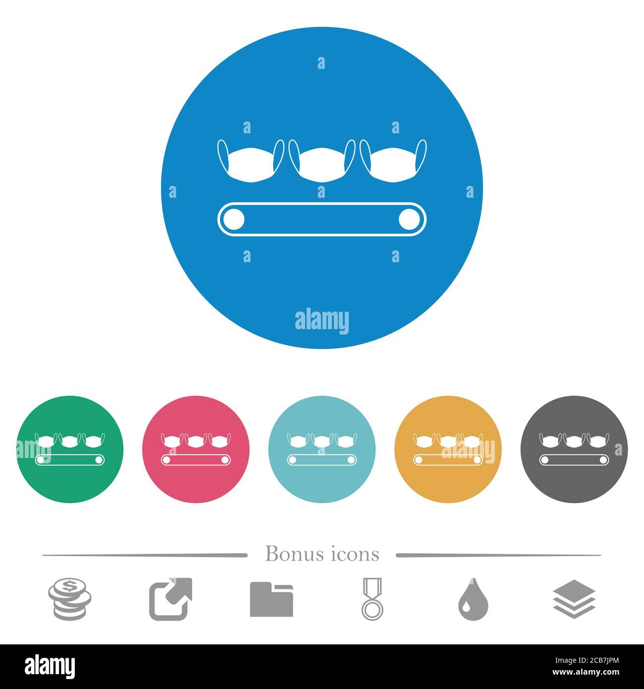 Mask manufacturing flat white icons on round color backgrounds. 6 bonus ...