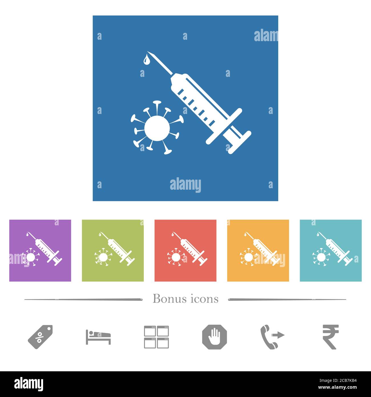 Antiviral injection flat white icons in square backgrounds. 6 bonus ...