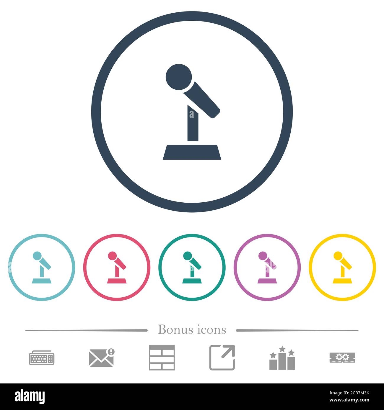 Microphone with stand flat color icons in round outlines. 6 bonus icons ...