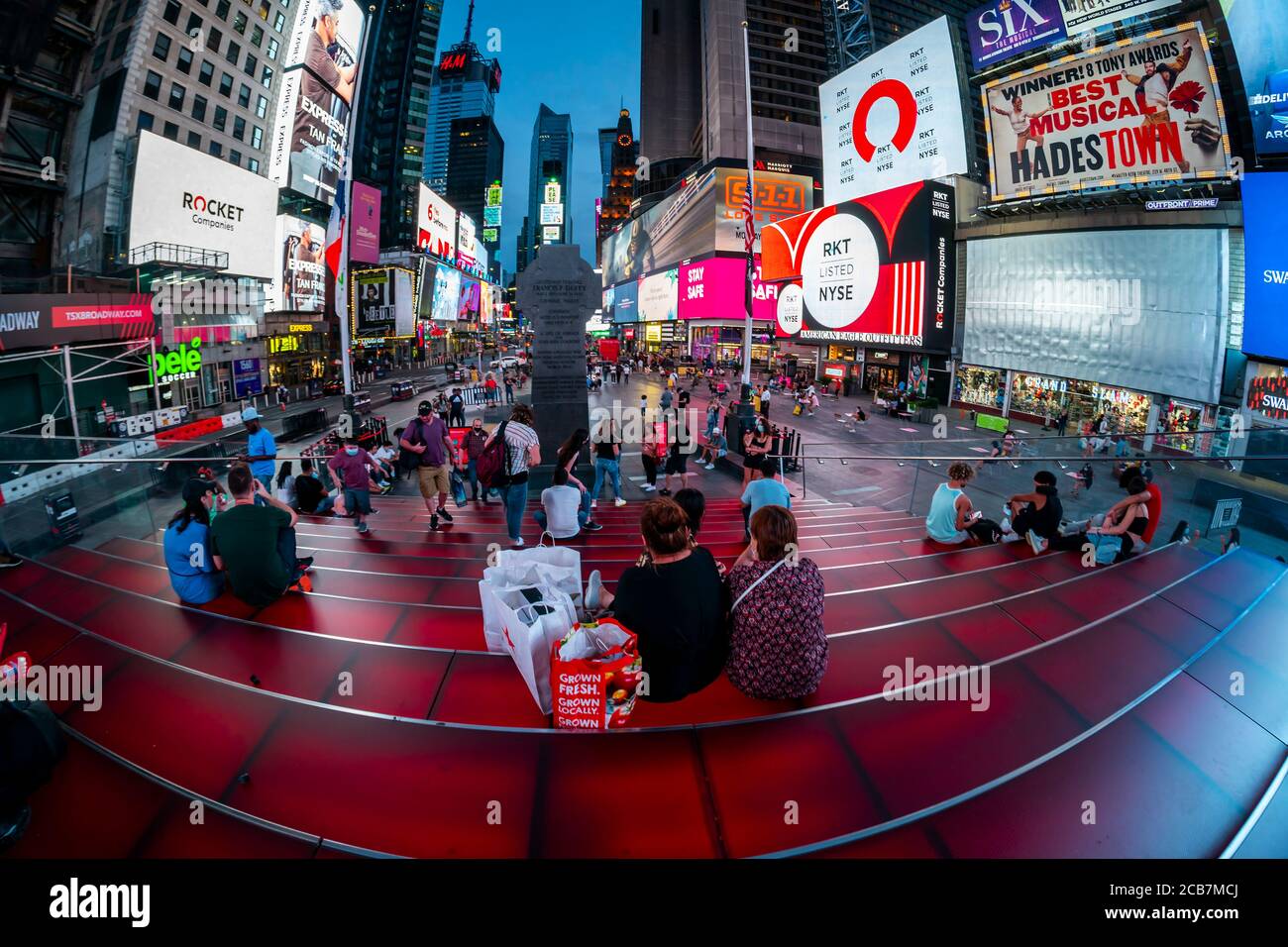 Giant video screens in Times Square in New York on Thursday, August 6, 2020 commemorate the initial public offering of the Rocket Companies which debuted on the New York Stock Exchange. Rocket Cos. is the parent of Quicken Loans(© Richard B. Levine) Stock Photo