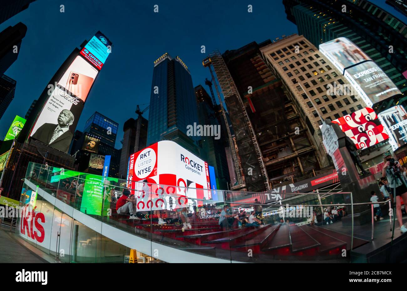 Giant video screens in Times Square in New York on Thursday, August 6, 2020 commemorate the initial public offering of the Rocket Companies which debuted on the New York Stock Exchange. Rocket Cos. is the parent of Quicken Loans(© Richard B. Levine) Stock Photo