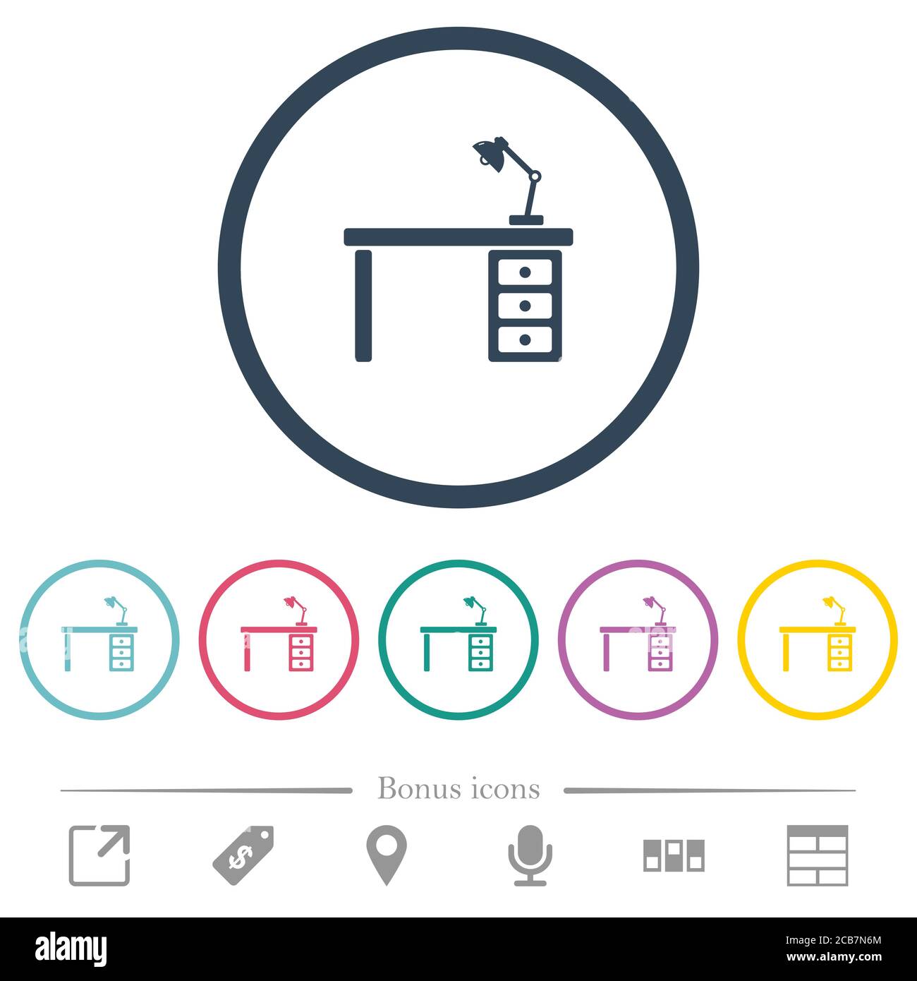 Desk with lamp flat color icons in round outlines. 6 bonus icons ...