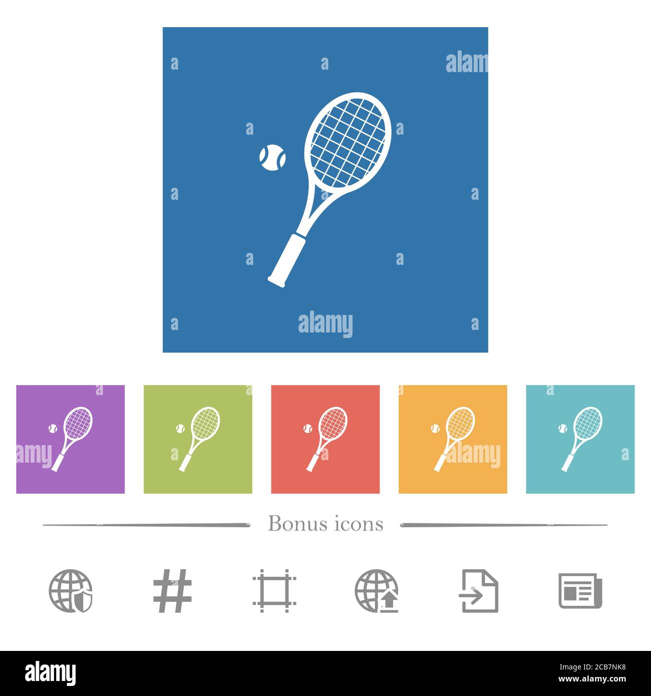 Tennis racket with ball flat white icons in square backgrounds. 6 bonus ...