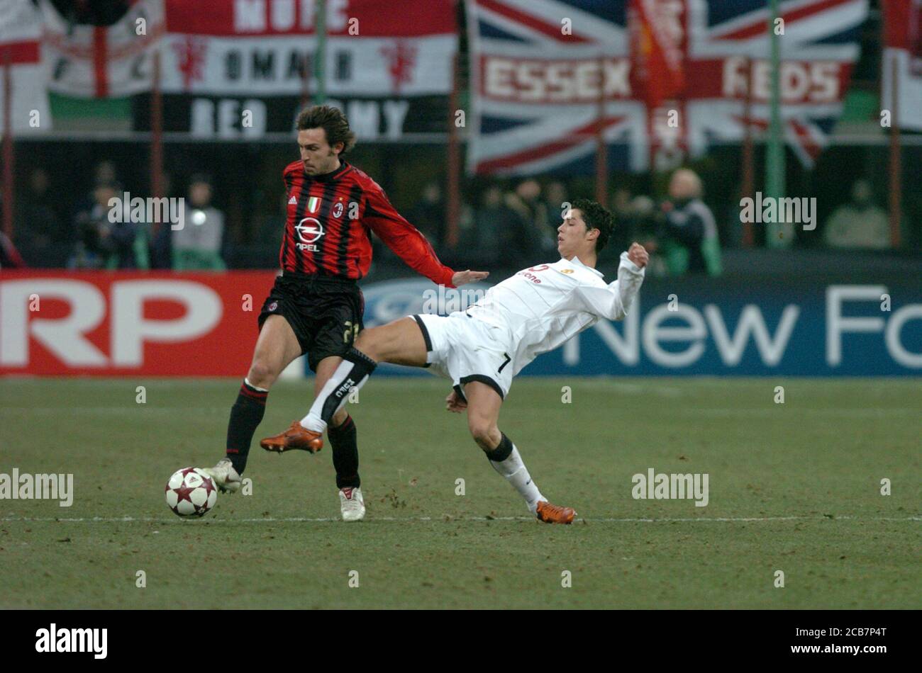 Milan Italy 08 March 2005 San Siro Stadium Uefa Champions League 2004 2005 Ac Milan Fc Manchester Utd Andrea Pirlo And Cristiano Ronaldo In Action During The Match Stock Photo Alamy
