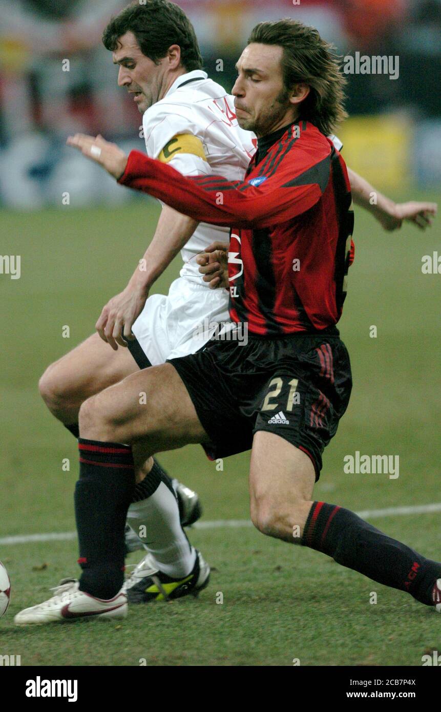 Milan Italy, 08 March 2005, "SAN SIRO " Stadium, UEFA Champions League 2004/2005 , AC Milan - FC Manchester UTD : Andrea Pirlo and Roy Keane in action during the match
