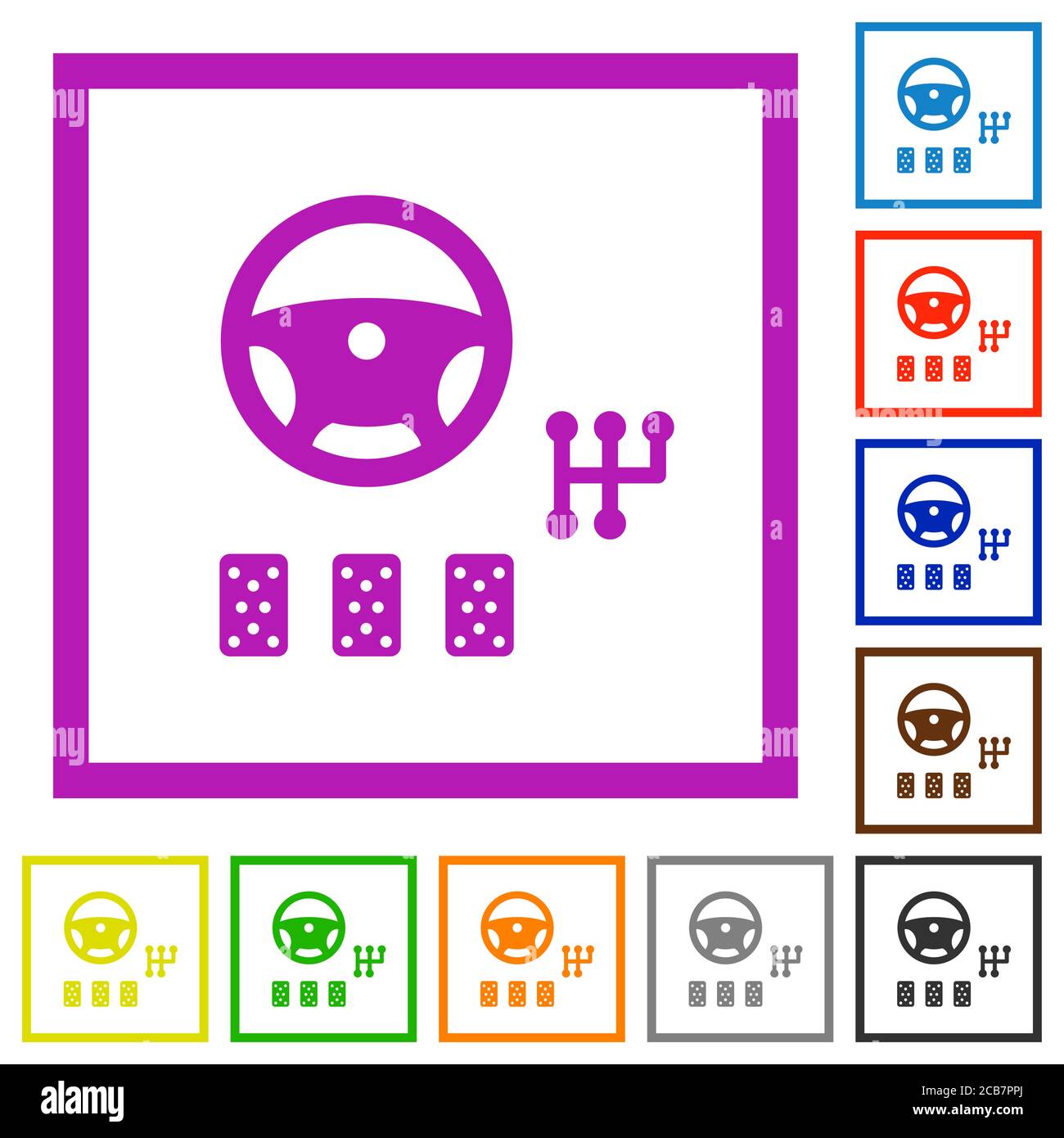 Car controls flat color icons in square frames on white background ...