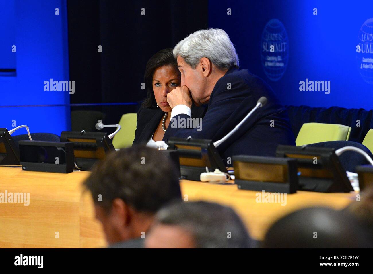 U.S. Secretary of State John Kerry chats with Ambassador Susan Rice the President's National Security Advisor during the Leaders Summit to Counter ISIL and Violent Extremism at the United Nations Headquarters in New York City on September 29 2015 Stock Photo