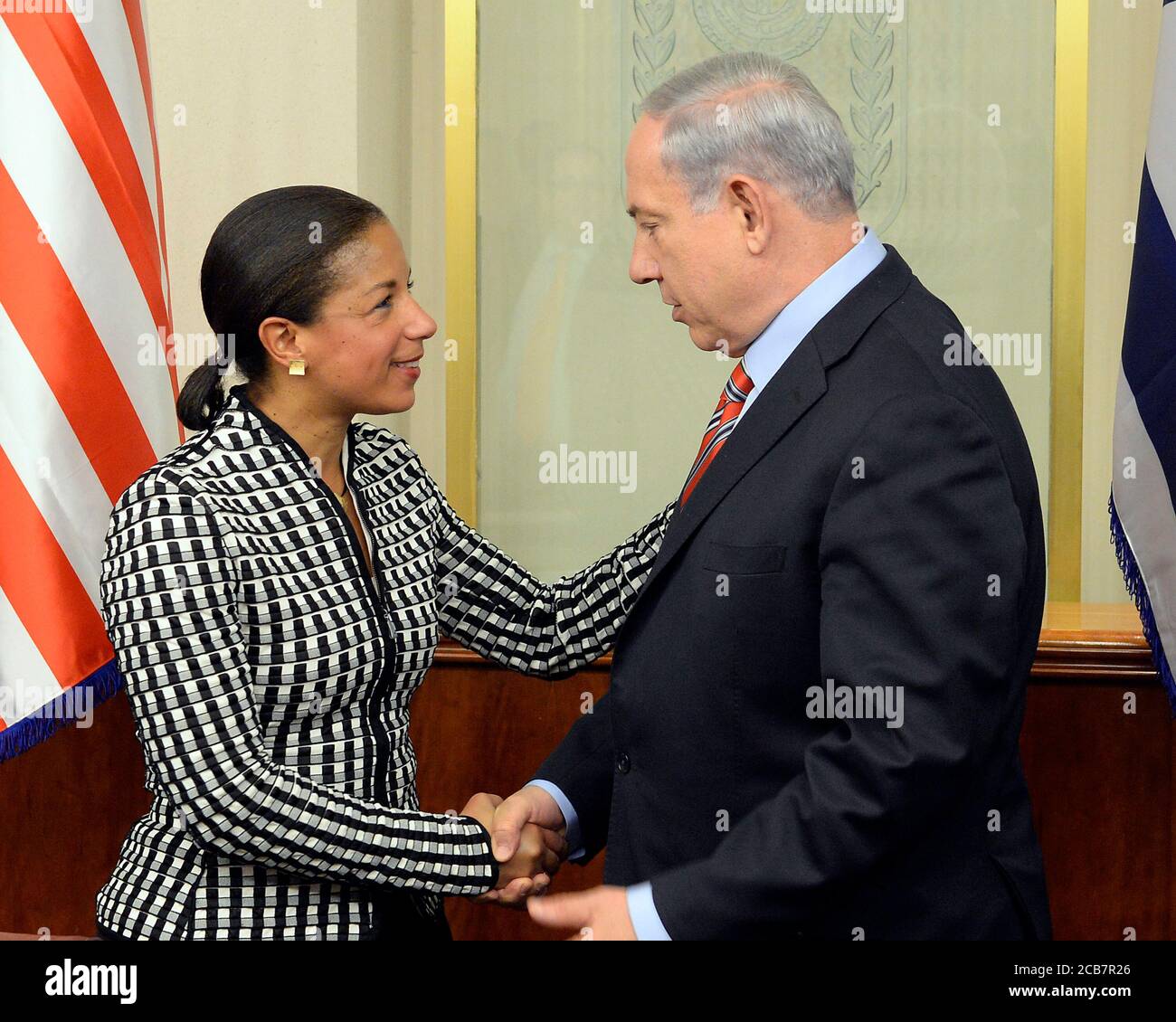 Ambassador Susan Rice the President's National Security Advisor meets with Israeli Prime Minister Benjamin Netanyahu at the Prime Minister's Office in Jerusalem on May 7 2014 Stock Photo