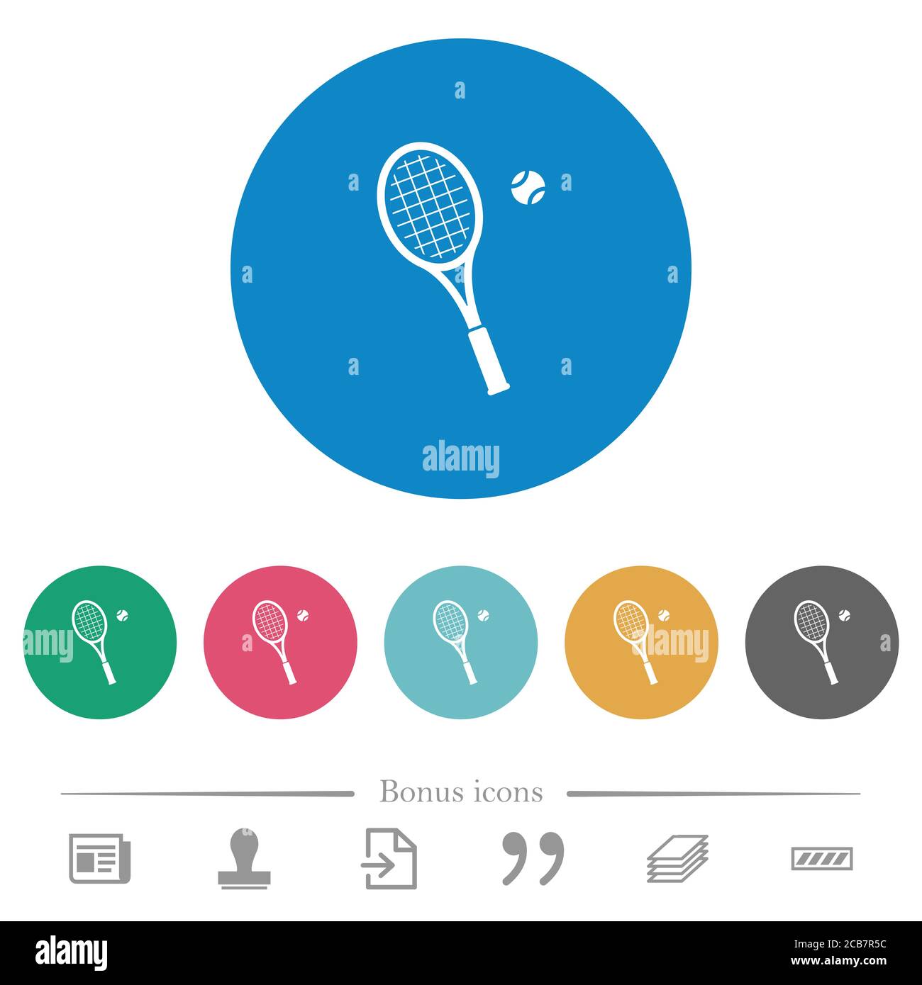 Tennis racket with ball flat white icons on round color backgrounds. 6 ...