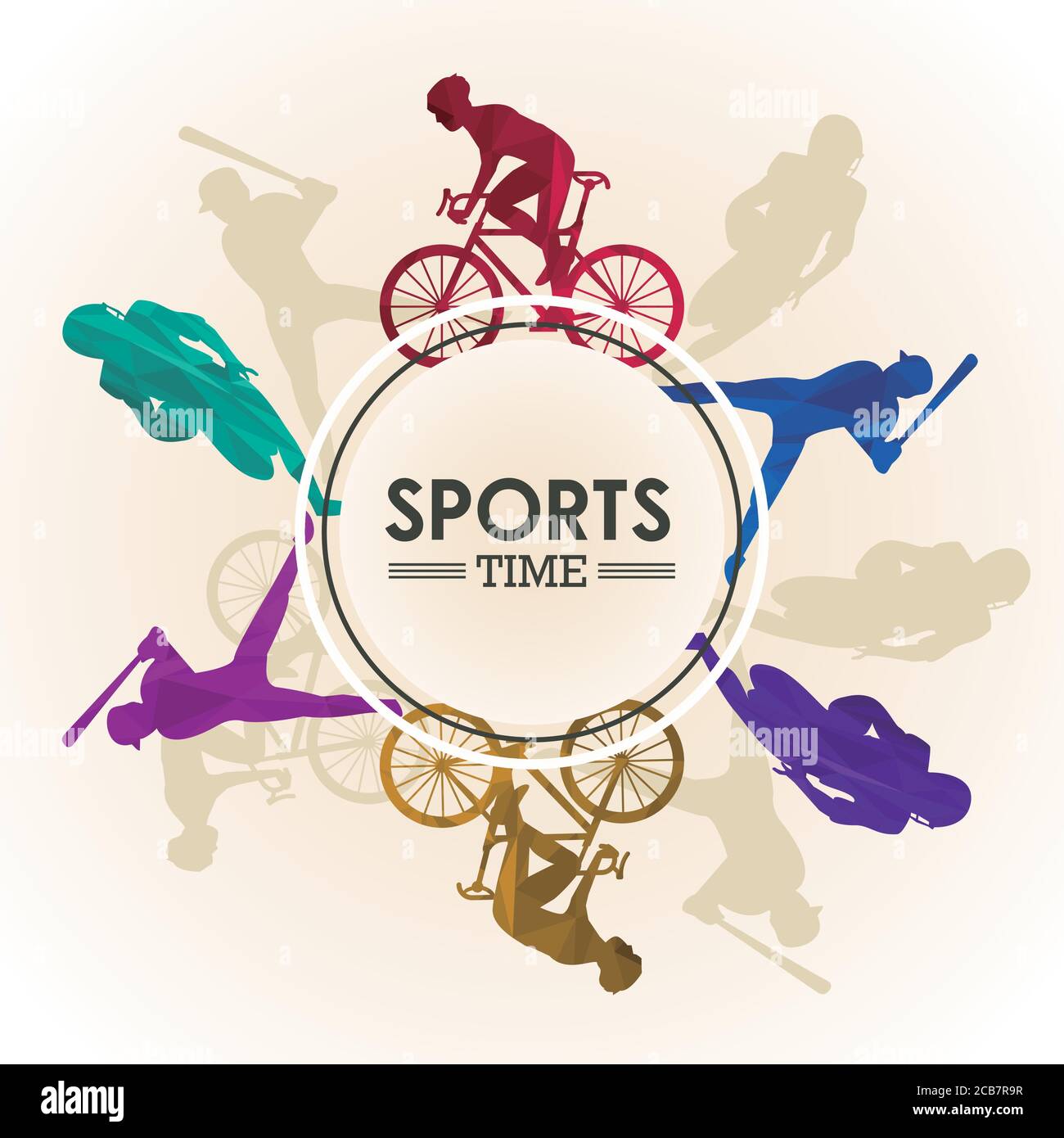 sports time poster with athletes silhouettes in circular frame vector
