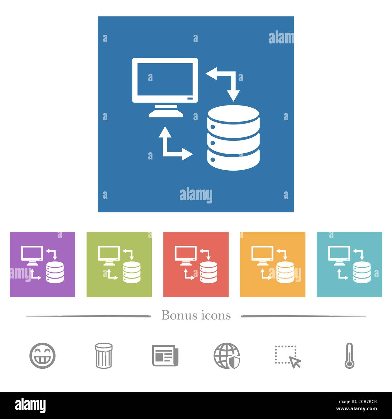 Syncronize data with database flat white icons in square backgrounds. 6 ...