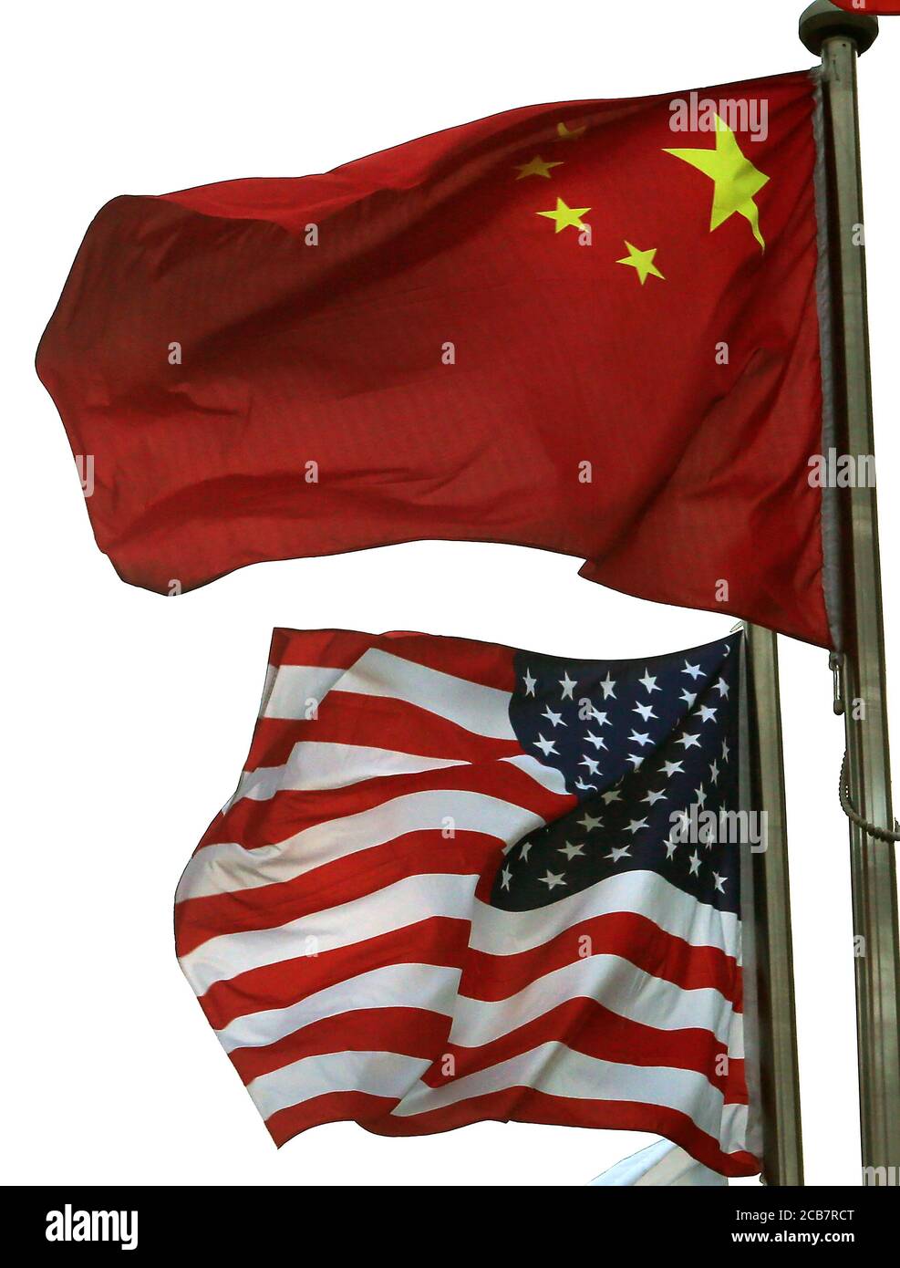 Beijing, China. 11th Aug, 2020. Both the American and Chinese national flags fly together outside an American hotel in downtown Beijing on Tuesday, August 11, 2020. Tensions between the U.S. and China continue to increase due to issues involving Hong Kong, Xinjiang, Huawei, Taiwan, espionage and China's military expansion in the South China Sea. Photo by Stephen Shaver/UPI Credit: UPI/Alamy Live News Stock Photo