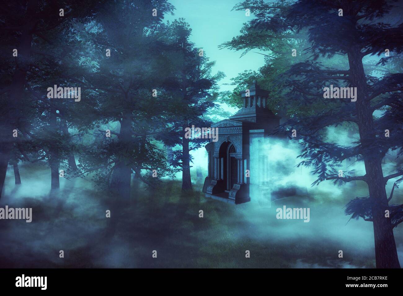 Old crypt or temple in the dark forest landscape 3d illustration Stock ...