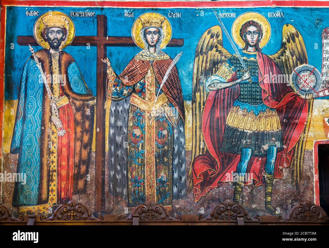Milies, Magnesia, Thessaly, Greece. Frescoes in Church of St. Michael and Gabriel.  From left, Saint Constantine, Saint Elena (or Helen) and the Archa Stock Photo