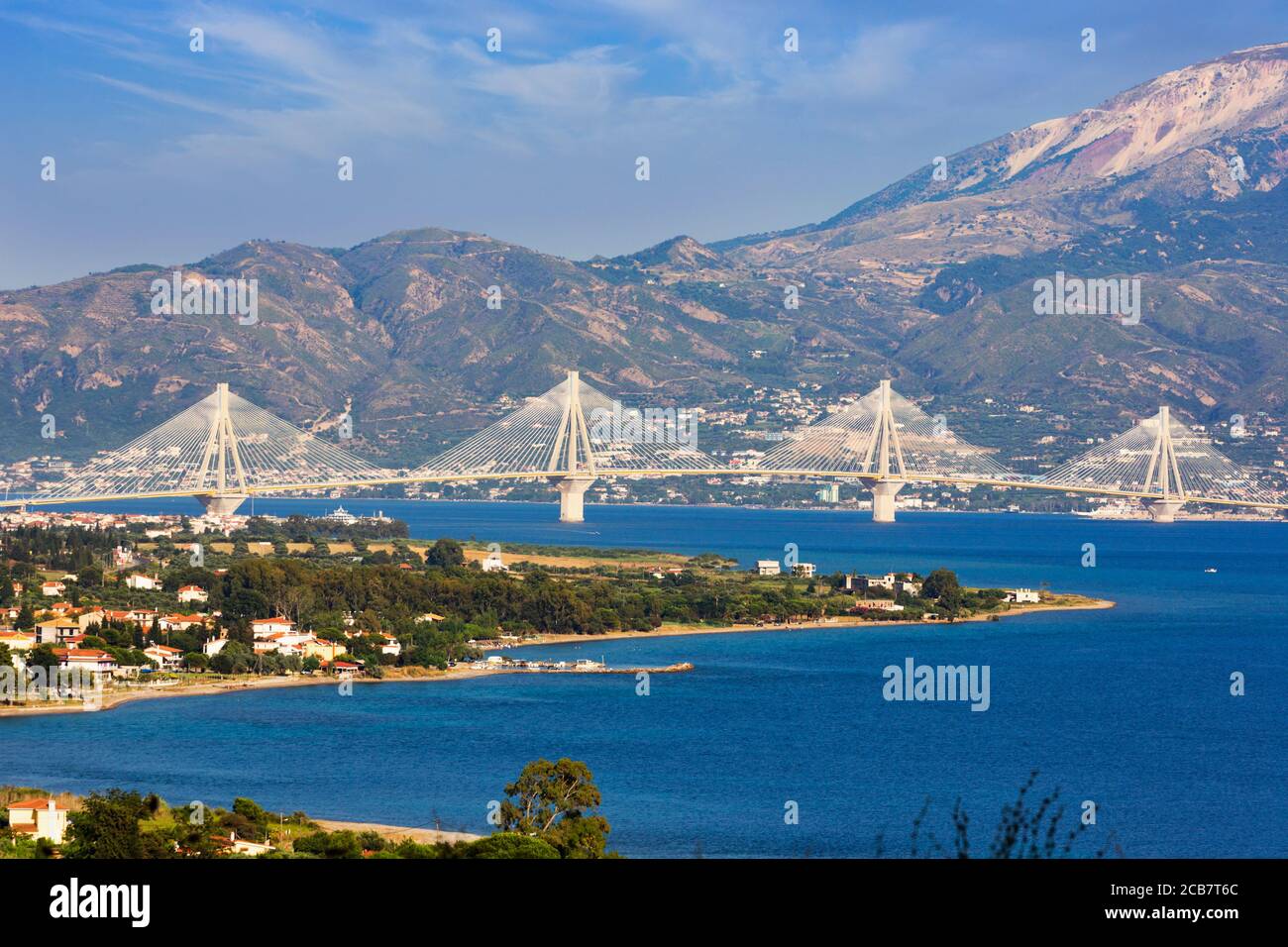 Greece.   The Rio–Antirrio bridge also known as Charilaos Trikoupis Bridge crossing the Gulf of Corinth near Patras to link the Peloponnese peninsula Stock Photo