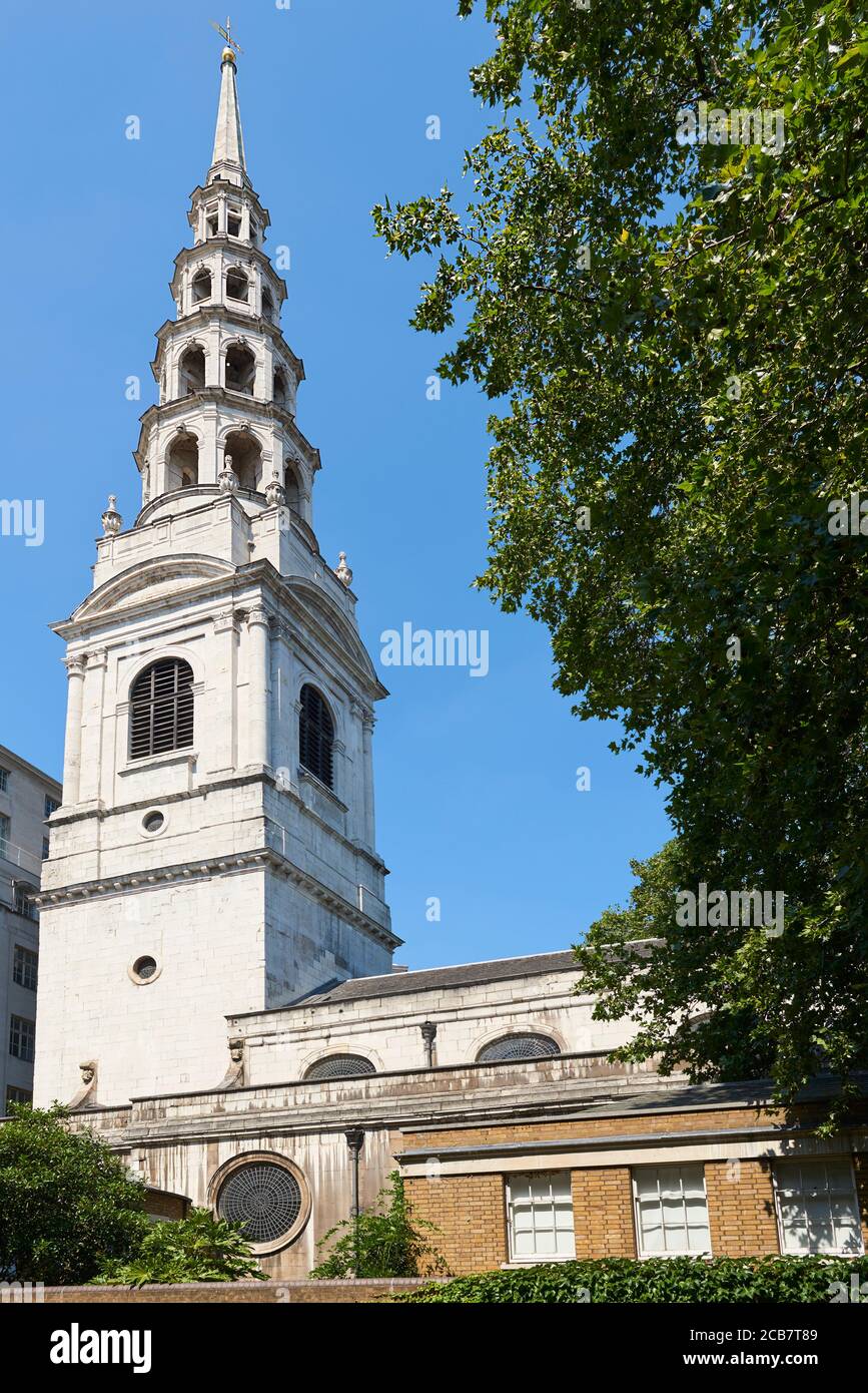The 17th century tower of St Bride's, Fleet Street, London UK, a church designed in 1672 by Sir Christopher Wren Stock Photo