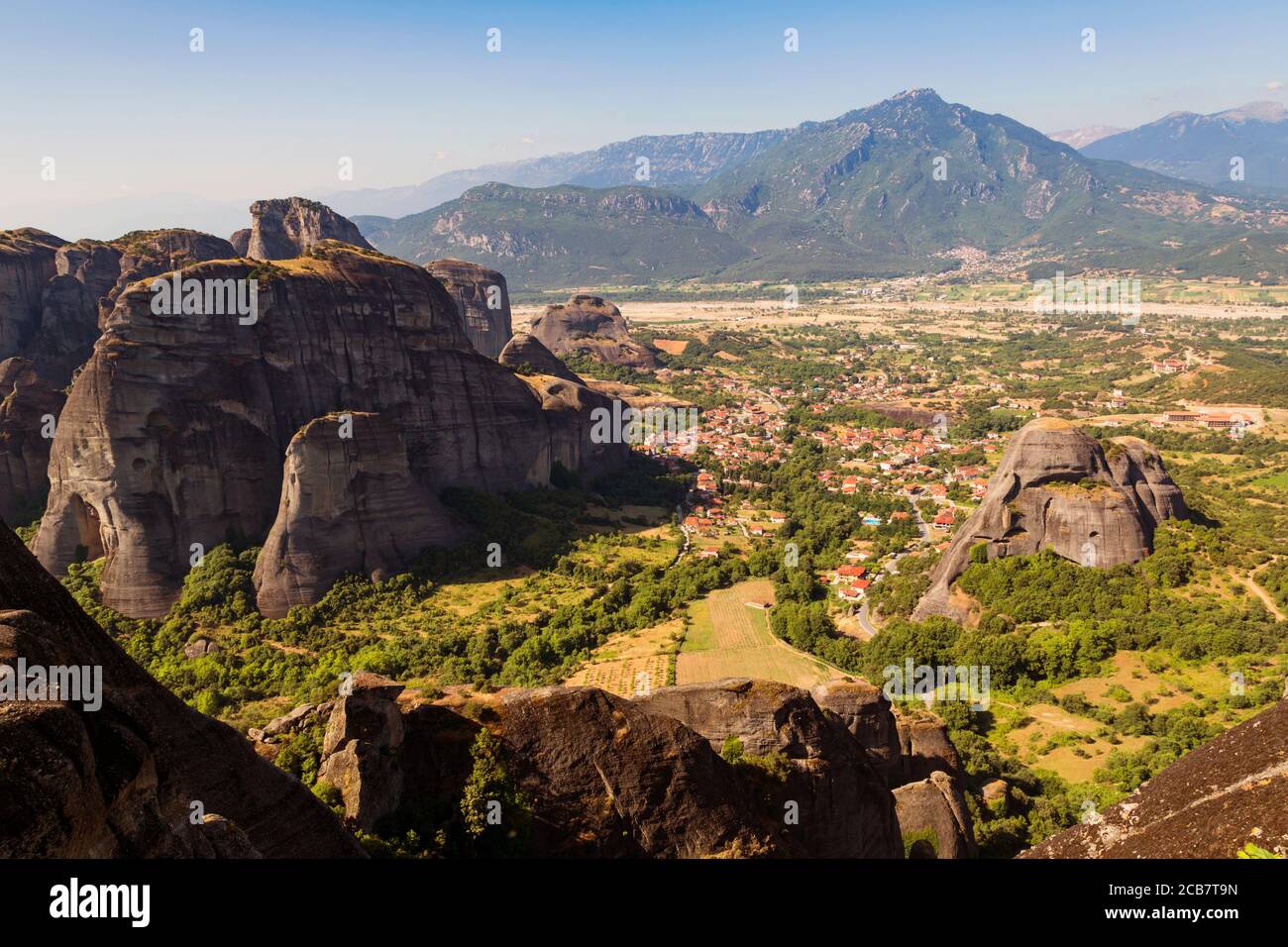 Meteora, Thessaly, Greece.  Looking down from the mountains to the Plain of Thessaly and the town of Kastraki.  Meteora is a UNESCO World Heritage Sit Stock Photo