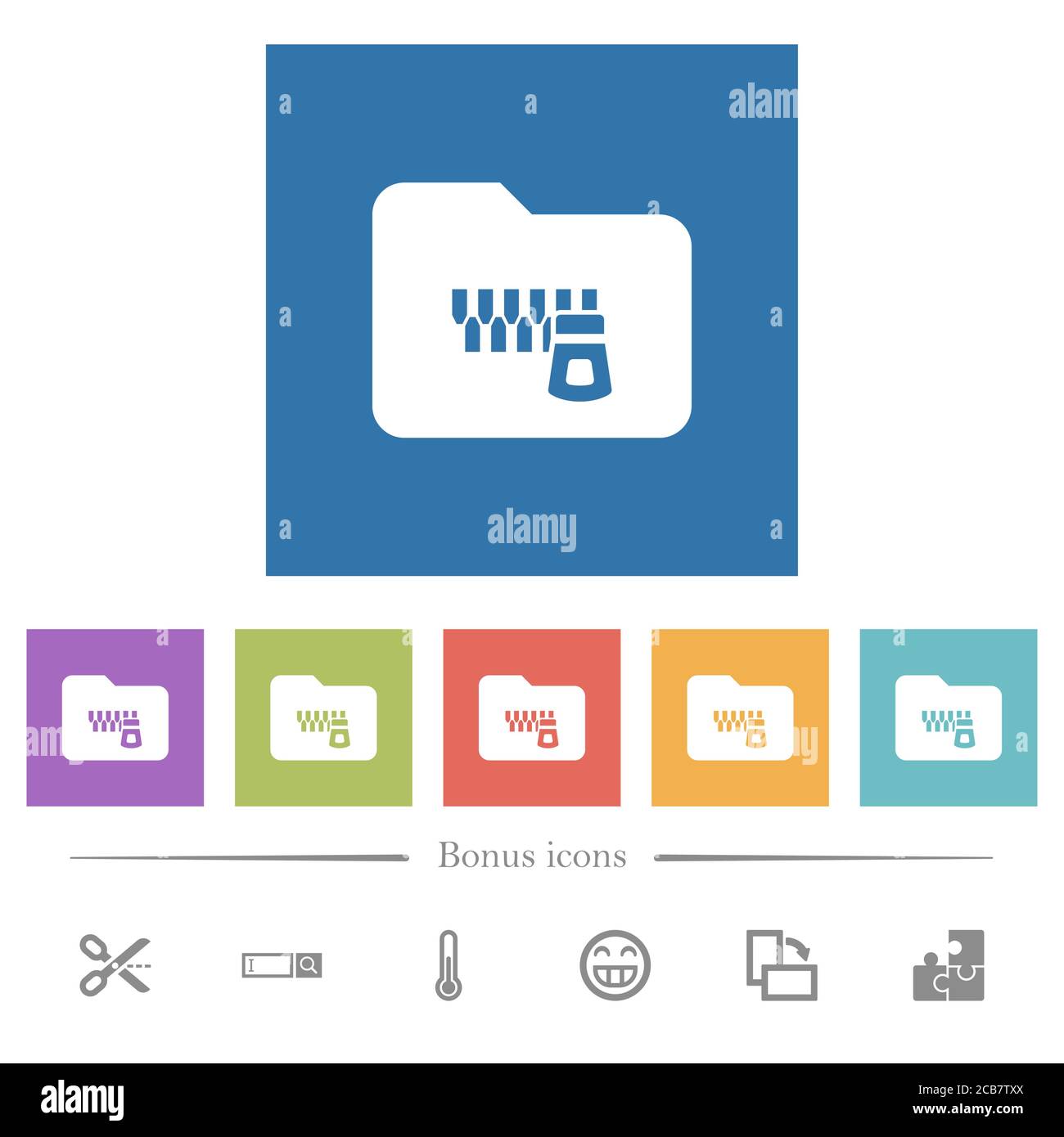 Zipped folder flat white icons in square backgrounds. 6 bonus icons ...