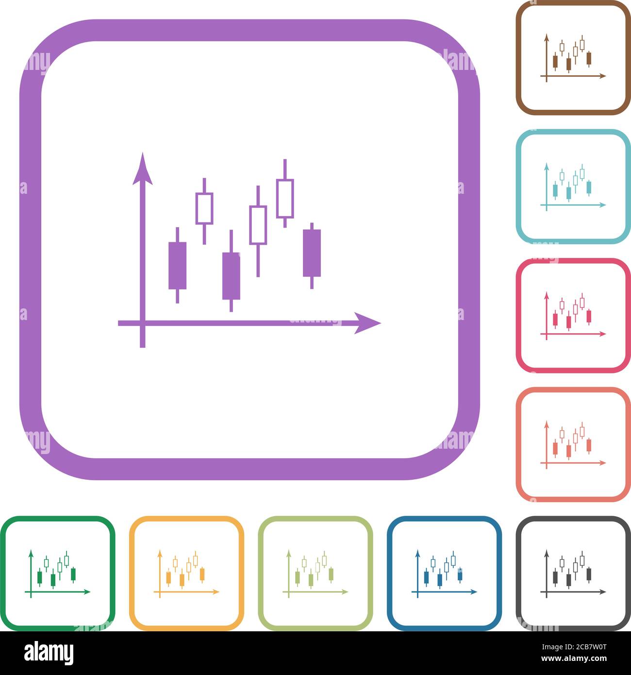 Candlestick graph with axes simple icons in color rounded square frames ...