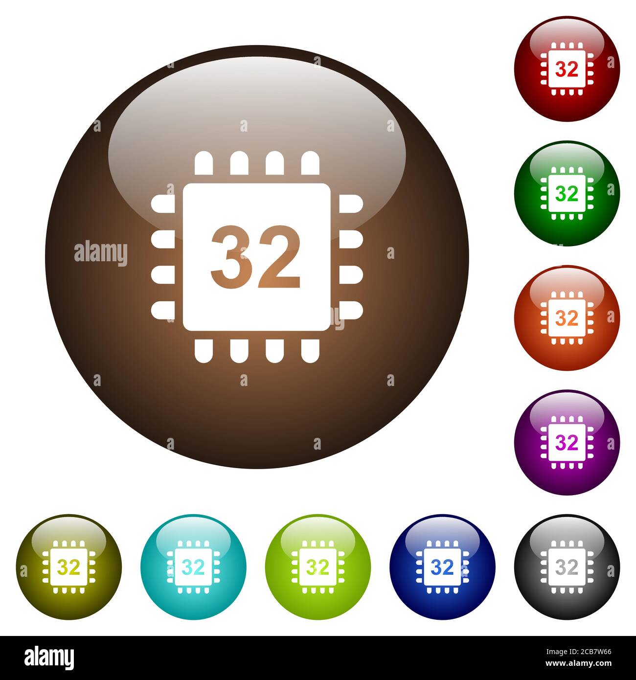 Microprocessor 32 bit architecture white icons on round glass buttons in multiple colors Stock Vector