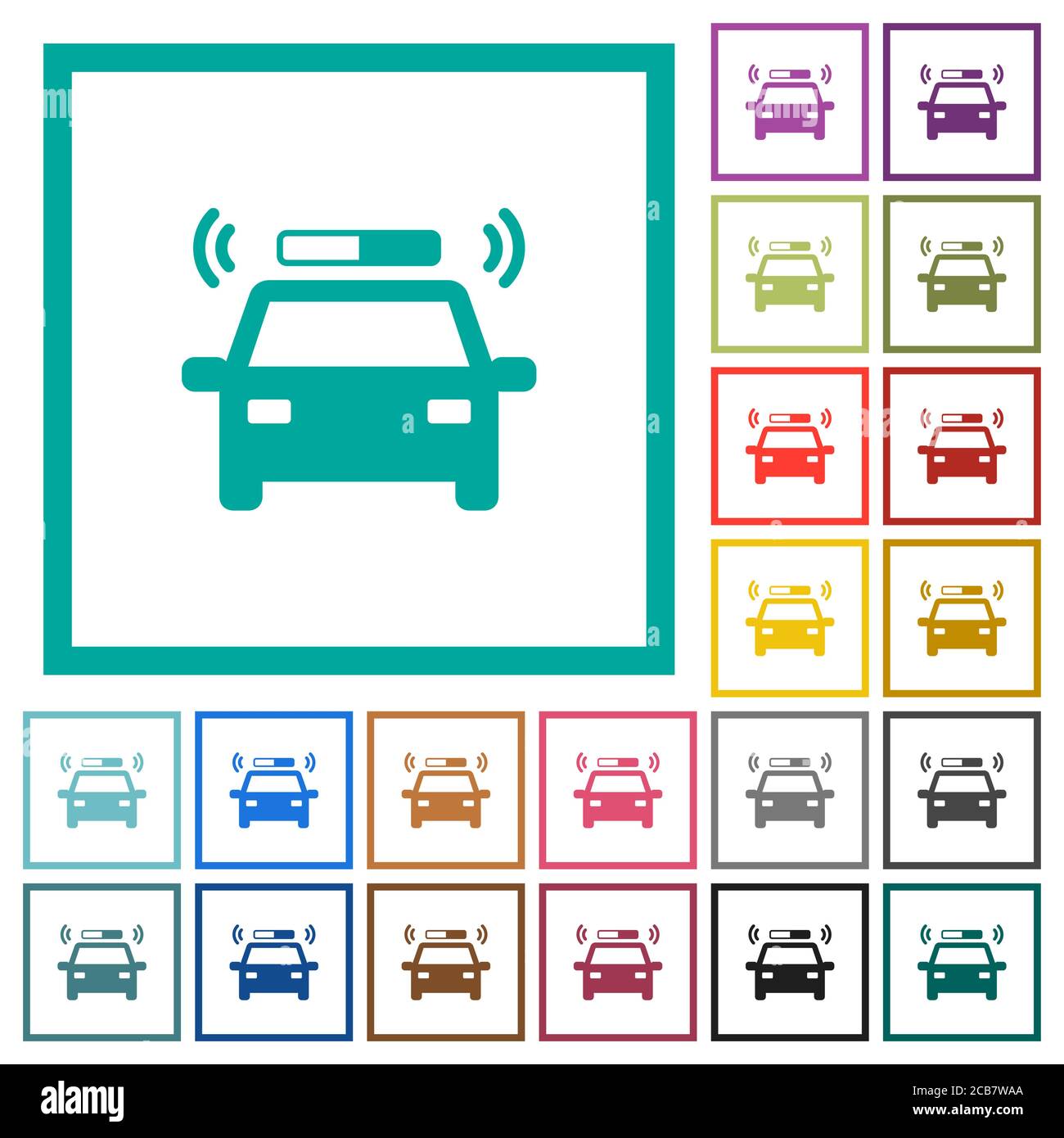 Flashing police car flat color icons with quadrant frames on white background Stock Vector